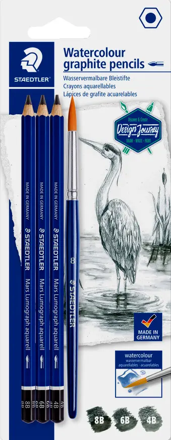 STAEDTLER Mars Lumograph Aquarell Pencil Set, 3 Pencils + Brush