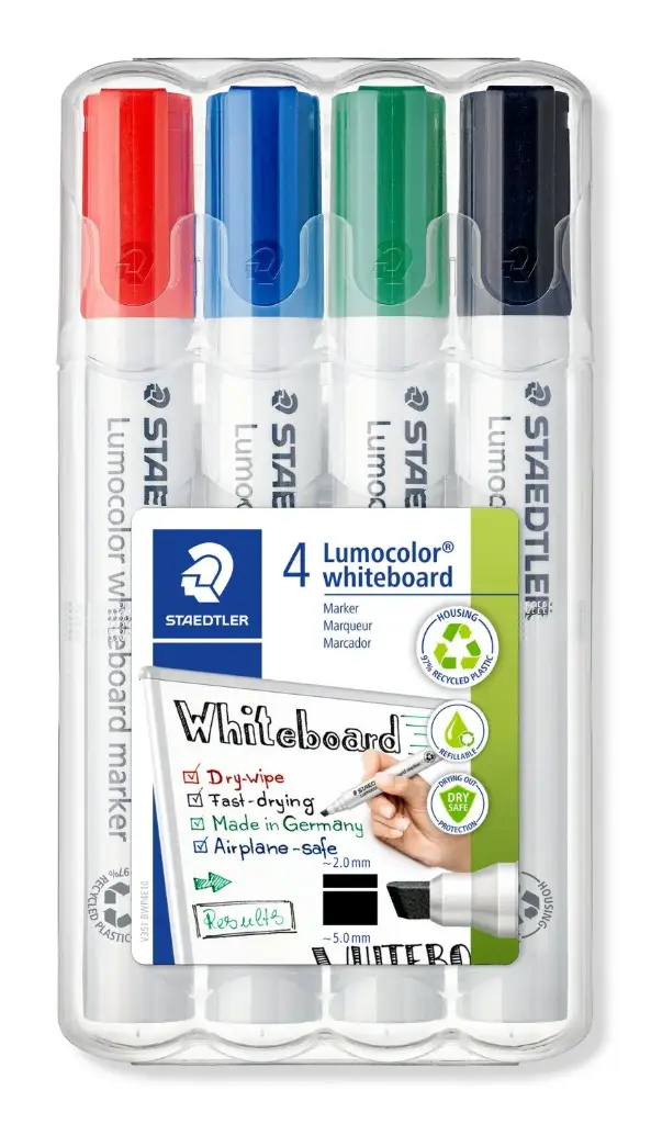 STAEDTLER Lumocolor Whiteboard Markers – Chisel Tip, 4 Pieces, Box