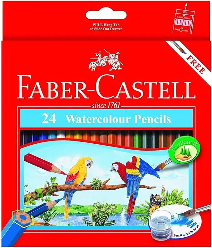 Faber-Castell Watercolor Pencils Set, 24 Long Colors + Brush, Cardboard Box
