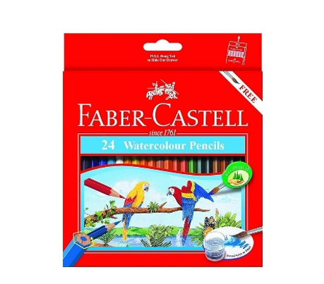 Faber-Castell Watercolor Pencils Set, 24 Long Colors + Brush, Cardboard Box