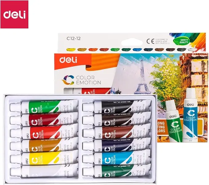 Deli Acrylic Paints Set 12 Colors × 12ml – Box