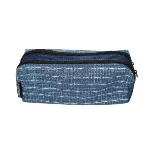Blue Check Canvas Double Zip Pencil Case - Polyester PCP23103A