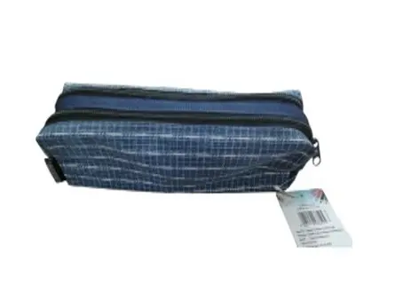 Blue Check Canvas Double Zip Pencil Case - Polyester PCP23103A
