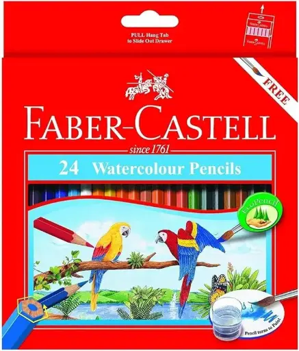 Faber-Castell Watercolor Pencils Set, 24 Long Colors + Brush, Cardboard Box